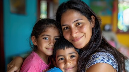 Obraz premium Portrait of mom and children at home-mom hugging hers two children in the living room of her house-single mother with her children-happy little family-Hispanic family