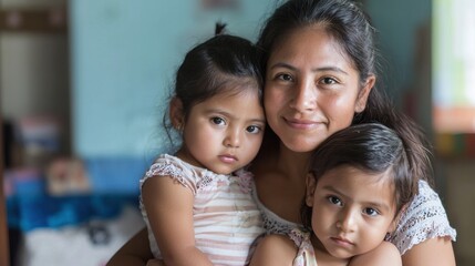Portrait of mom and children at home-mom hugging hers two children in the living room of her house-single mother with her children-happy little family-Hispanic family