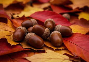 Autumn Acorns and Colorful Fall Leaves Nature's Harvest, Close-Up, Season's Beauty, Fall Foliage, Oak Seed.