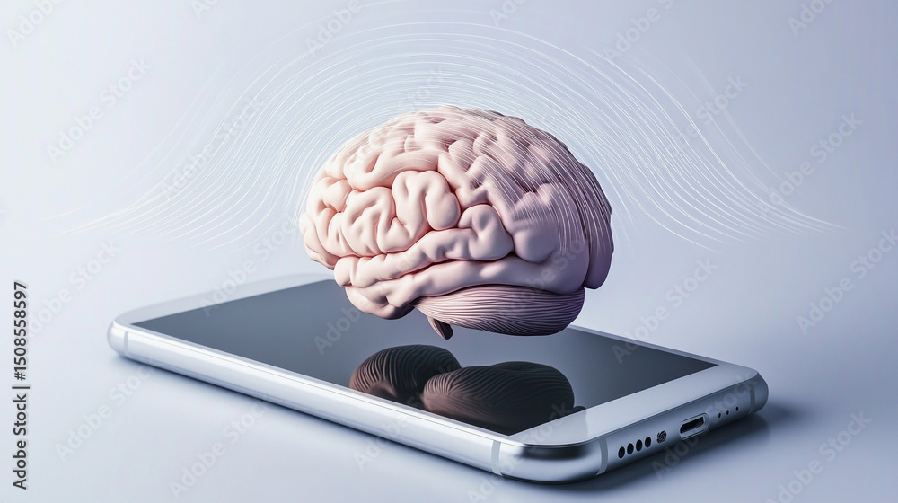 Poster Sound waves emanating from a smartphone with a brain model Generative AI