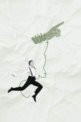 Art image vertical photo collage of shocked happy girl guy hang rope marionette exploitation...