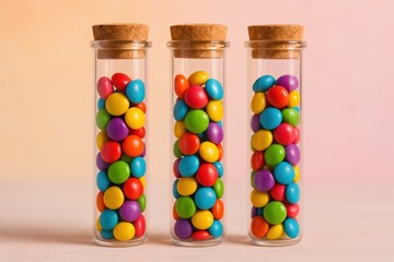 Three glass tubes filled with vibrant candy arranged in a simple composition, perfect for illustrating concepts of sweetness, treats, or vibrant color schemes.