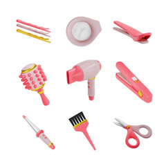 A set of 3 items for hairdressing or beauty salon. invisible hairpiece, hairpin, comb, hair dryer, straightener, cone curler, etc. Vector illustration on isolated white background