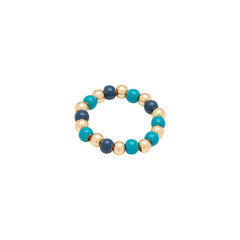 Stretch ring made with gold turquoise and navy blue beads on white background. Please see some similar pictures from my portfolio