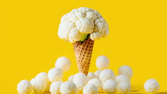 Cauliflower in waffle cone surrounded by small florets on vibrant yellow background, creative healthy food concept, vegetarian diet idea, humorous vegetable art