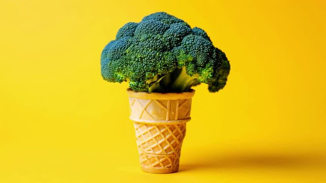 Fresh broccoli in waffle cone on yellow background, creative healthy food concept, vegetarian diet idea, surreal vegetable art, fun visual for clean eating and nutrition