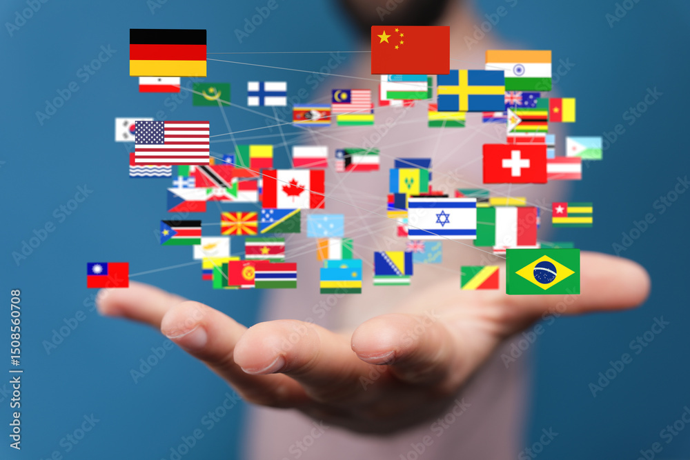 Poster image of a hand holding a network of world flags, symbolizing global connectivity and international 