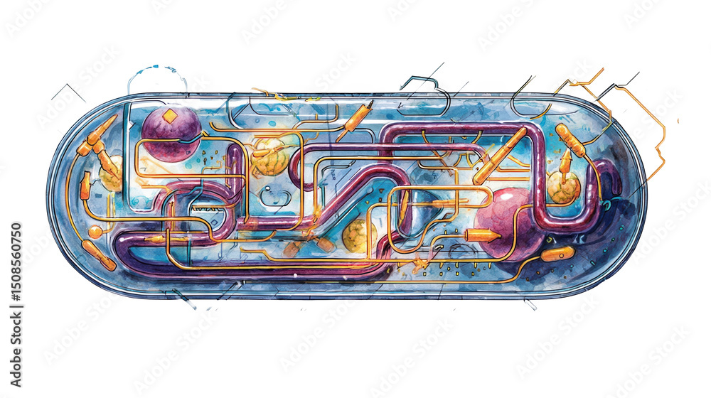 Poster intricate network of tubes and components within a petri dish like container. simulating redox react