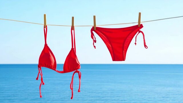 Red bikini hanging on clothesline against blue sea and sky, summer vacation scene, swimwear drying outdoors, beach lifestyle, tropical background, seaside relaxation