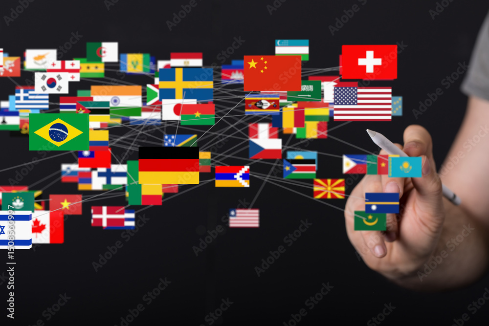 Leinwandbilder a diverse collection of world flags interconnected, symbolizing global collaboration and networking.