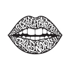 Stylized Lips with Graffiti Pattern, Black and White Street Art