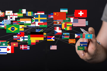 A diverse collection of world flags interconnected, symbolizing global collaboration and networking.