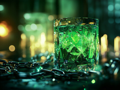 Mysterious Glowing Green Cocktail in a Textured Glass with Dark Chains and Bokeh Lights