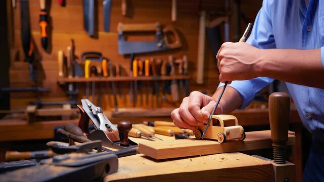 Craftsman working with chisel on wooden toy car in traditional woodworking workshop, hand tools on background, carpentry skills, handmade craft, wood carving, hobby and craftsmanship