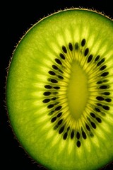 Macro shot of fresh green kiwi fruit slice with seeds pattern. Concept of tropical nutrition, raw food, and healthy lifestyle
