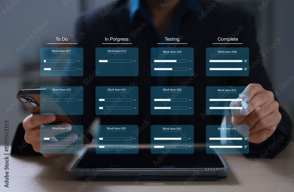 Wall mural business developer using kanban board on laptop, emphasizing agile project management for rapid soft