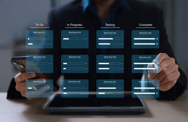 Business developer using Kanban board on laptop, emphasizing agile project management for rapid...