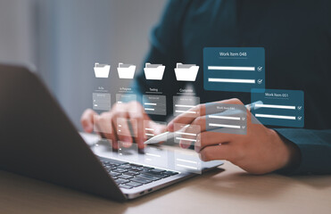 Business developer using Kanban board on laptop, emphasizing agile project management for rapid software development, project management system concept