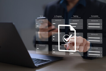 Business developer using Kanban board on laptop, emphasizing agile project management for rapid software development, project management system concept