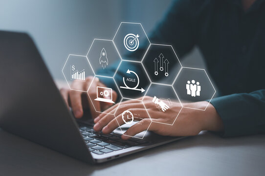 Agile software development or project management using kanban or scrum method boards, processes, workflows, visual organizers and framework technologies.