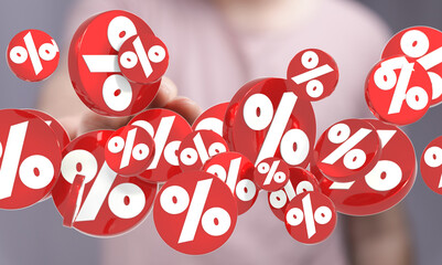 3D rendered image of red percentage symbols floating in the air. Ideal for sale, discount, or...