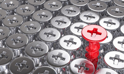 Uniqueness concept depicted by a single 3d red screw rising