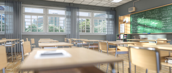 Sunlight illuminates an empty classroom 3d