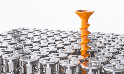 Orange screw stands out in a large group. 3d background