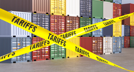Tariffs barrier tape blocking international global trade 3d