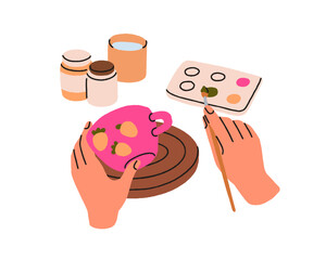 Ceramics painting. Hands with paint brush, decorating, drawing on cup. Pottery art, DIY craft, mug decoration. Creative crockery design, handwork. Flat vector illustration isolated on white background