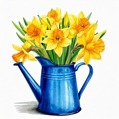 Fototapeta premium Old blue enamel water pitchers with yellow narcissus flowers (daffodil, easter bell, jonquil.jpg