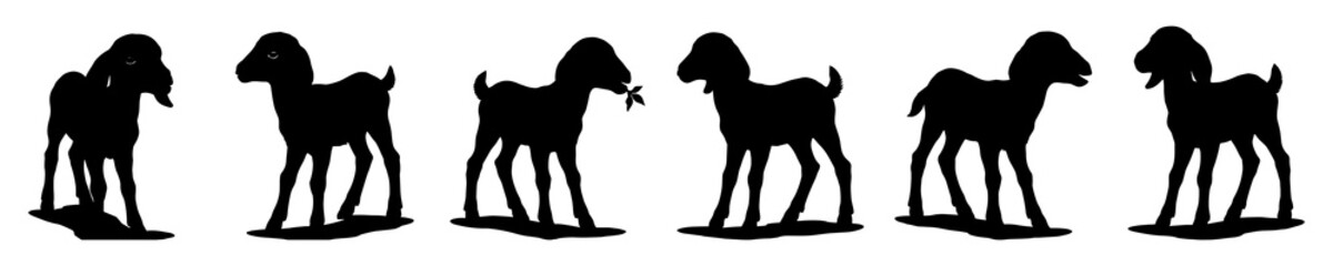 Silhouette of baby goats in various poses, isolated on white background. Ideal for farm animal themes, design elements, and children's vector illustrations.