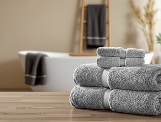 Soft gray towels stacked in a cozy bathroom with wooden accents, neutral background, and modern decor. Concept of comfort, cleanliness, relaxation. Ai generative