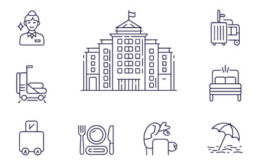 Hotel set of web in line style icons vector illustration isolated on white background.