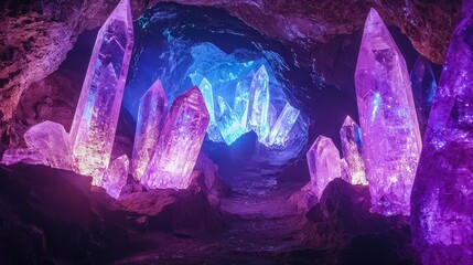 Obraz premium Exploring a hidden cave of glowing crystals mysterious underground location fantasy landscape enigmatic viewpoint