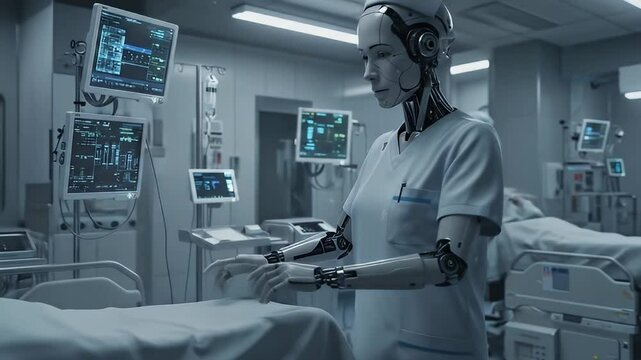 Futuristic robotic nurse in a clean medical facility medical technology illustration ai powered healthcare