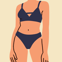 Woman in bikini. Slim slender fit female figure in bathing suit, swimsuit. Girl in swimwear, beach wear. Summer lingerie, underwear, ladies underclothing card. Flat vector illustration.