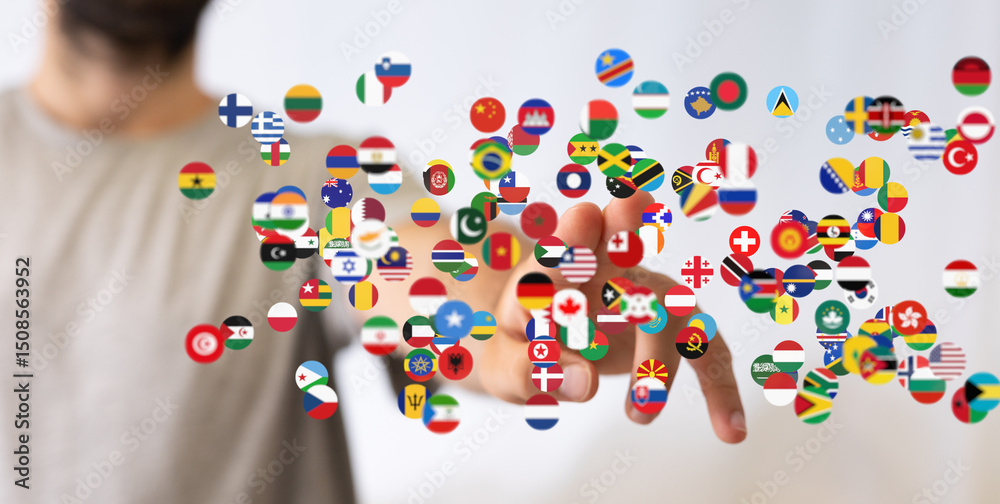 Leinwandbilder abstract image of a hand interacting with floating circles representing world flags, symbolizing glo