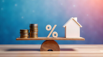 Coins and percentage sign on wooden balance with house model, perfect for real estate investment blogs