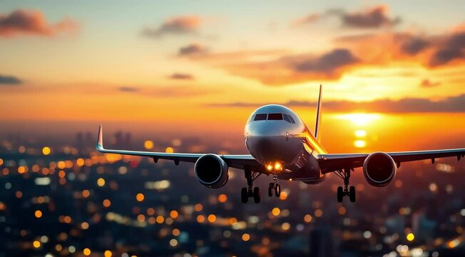 Airplane landing sunset cityscape flight travel