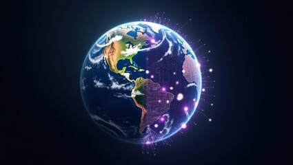 Fototapeta premium Mitad globo terráqueo y mitad esfera de cuadrícula virtual que simbolizan la intersección entre el mundo físico y el metaverso digital inmersivo