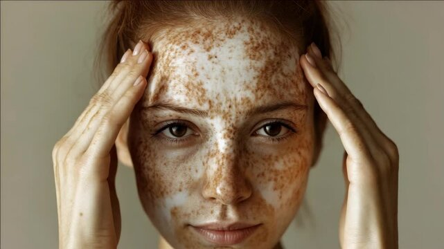 A woman with a visible skin condition covering her face; potentially dealing with sensitive or acne-prone skin.