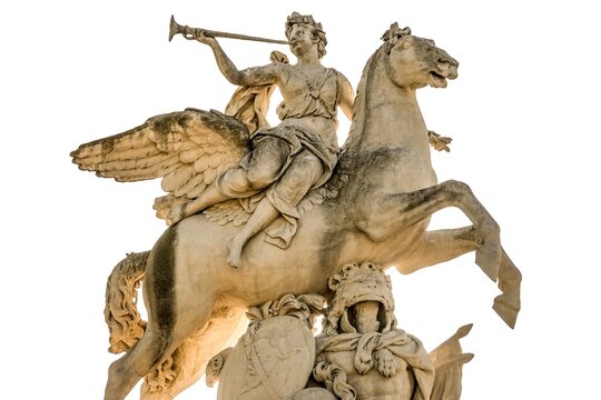 Statue de la Renomm&eacute;e et P&eacute;gase au jardin des Tuileries &agrave; Paris, avec effet de lumi&egrave;re chaude plus vive
