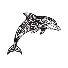 Naklejka premium Elegant dolphin icon with tribal tattoo design, black and white