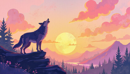 Howling wolf silhouette against sunset over mountainous landscape  