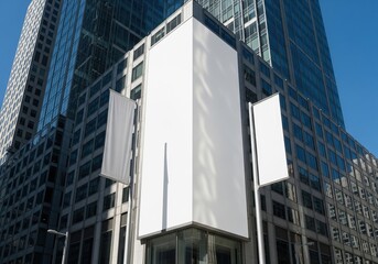 Fototapeta premium Building Edge Banner Mockup Vertical White Canvas for Commercial Designs Announcements or Branding in Bright Daylight Urban Setting