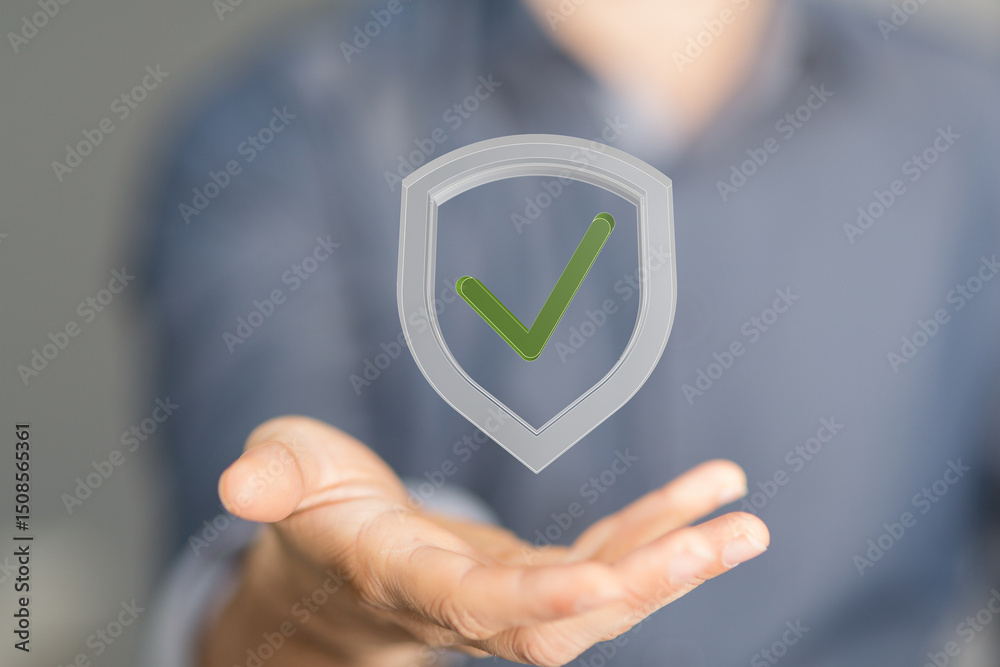 Poster image of a hand holding a digital shield with a checkmark, symbolizing security and data protection.