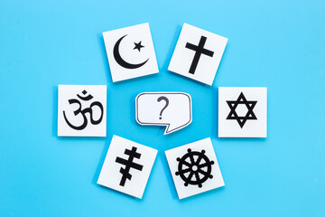 World religious symbols - Christianity cross, Islam crescent, Buddhism dharma wheel, Hinduism aum, Judaism David star top view