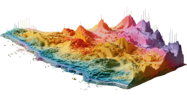 Colorful 3d model of a mountain range illustrating satellite data analysis with varied elevations in vibrant colors, set against a transparent background for presentations