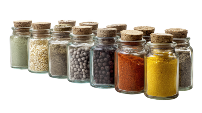 Ten small glass jars filled with various colorful spices and sealed with cork stoppers are neatly arranged in a row. Showcasing a vibrant array of flavors and aromas against a transparent background